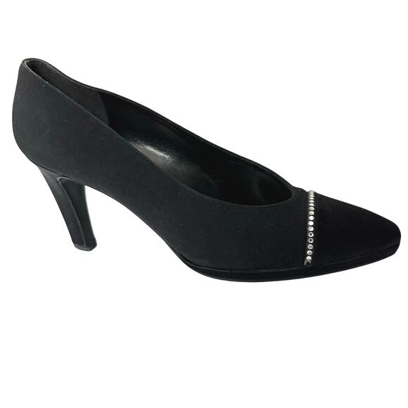 Vintage 80s/90s Stuart Weitzman for Neiman Marcus Black Satin Rhinestone Heels 8 - Picture 6 of 13